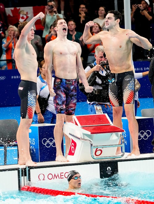 Chris Guliano (USA), Hunter Armstrong (USA), Jack Alexy and Caeleb Dressel in the men’s 4 x 100-meter freestyle relay final during the Paris 2024 Olympic Summer Games at Paris La Défense Arena.
