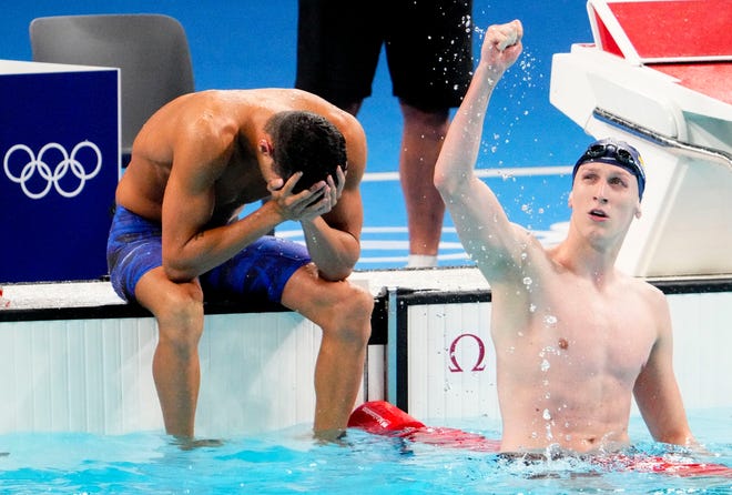 Lukas Maertens (Germany) and Guilherme Costa (Brazil) in the men’s 400-meter freestyle final during the Paris 2024 Olympic Summer Games at Paris La Défense Arena.