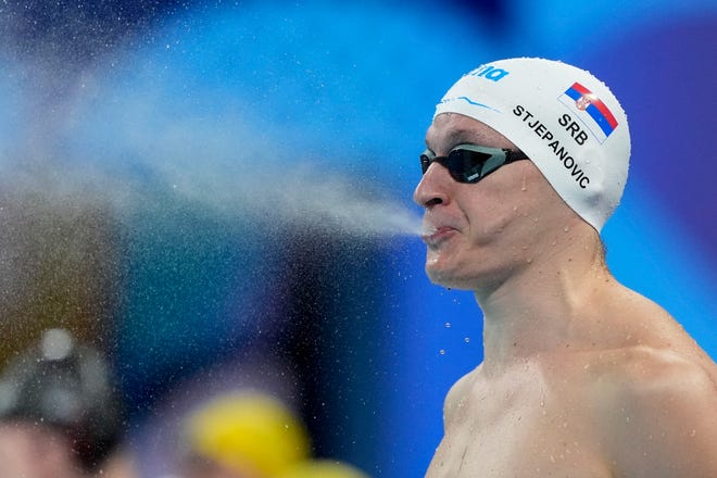 Velimir Stjepanovic (Serbia) in the men’s 4 x 100-meter freestyle relay preliminary heats during the Paris 2024 Olympic Summer Games at Paris La Défense Arena.
