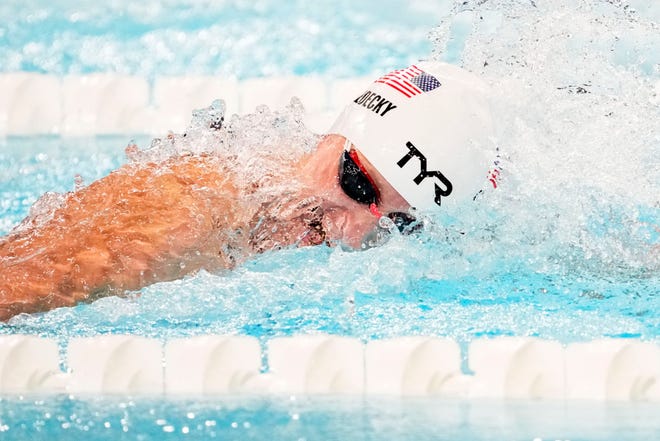 Katie Ledecky (USA) in the women’s 400-meter freestyle preliminary heats during the Paris 2024 Olympic Summer Games at Paris La Défense Arena.