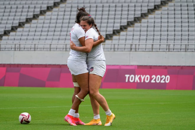 American Ilona Maher celebrates her second goal with teammate Jordan Matyas in the Women's Rugby Sevens vs. China at the Tokyo Olympics on Saturday, July 31, 2021.